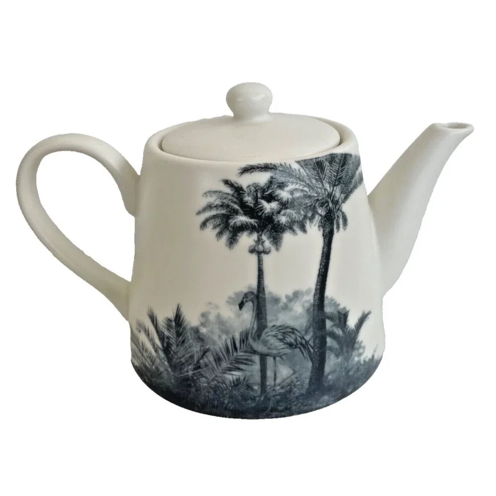 NEW Haus Hand Painted Porcelain Teapot, Sugar Bowl and Creamer Neutral Tropical